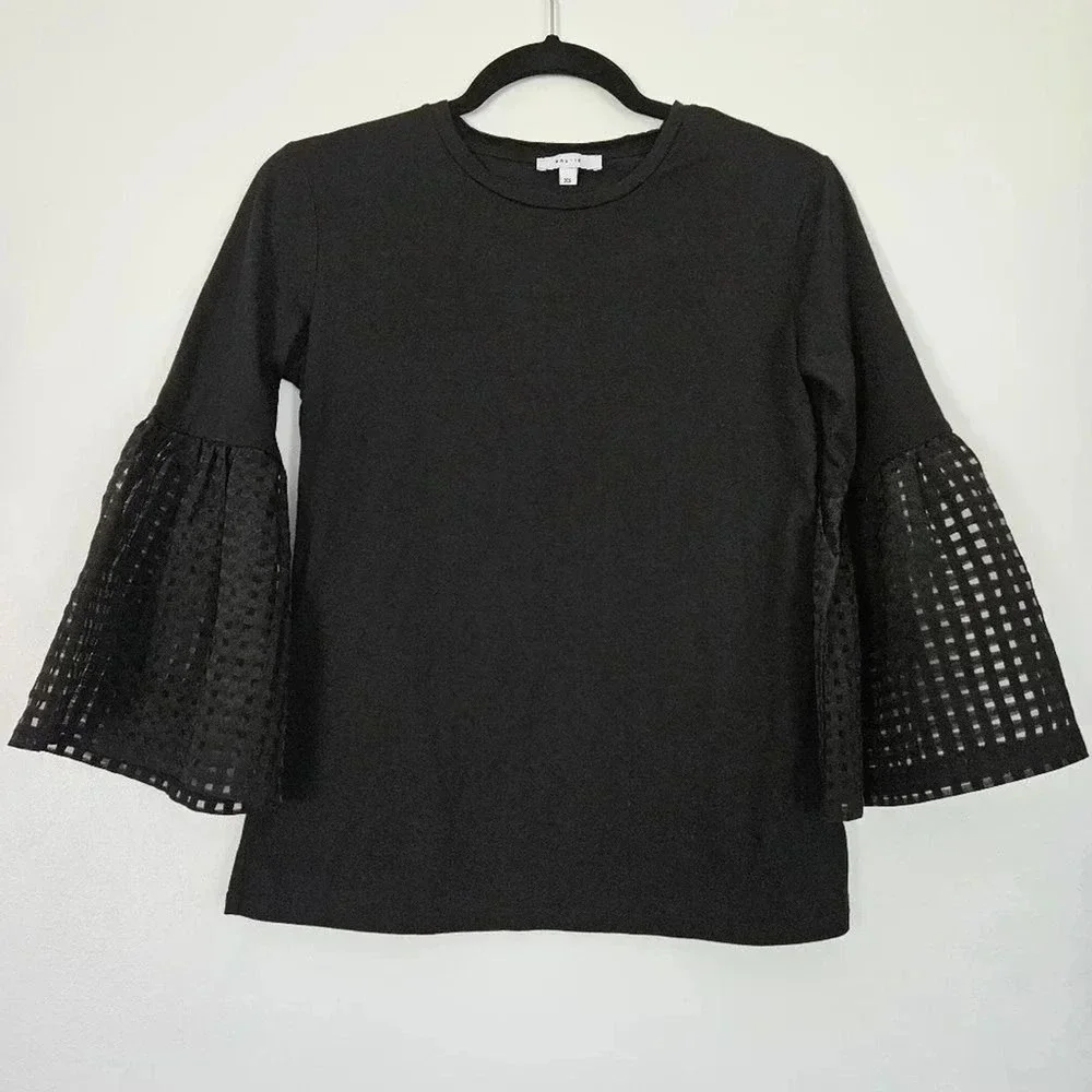 MAETTE Black Bell Sleeve Sheer Check Top Womens Extra Small‎ XS